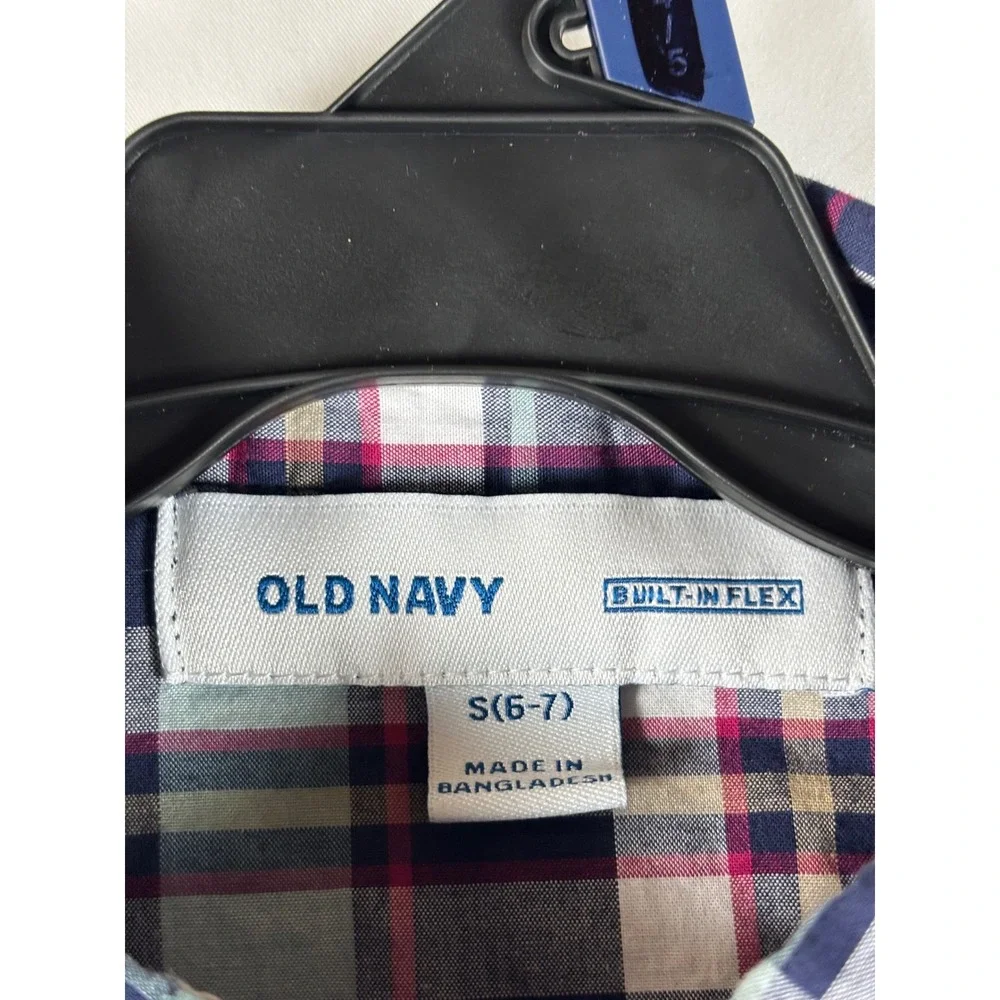 Old Navy Kids Boys Small 6-7 Plaid Button Down Shirt Navy Green Built-In‎ Flex